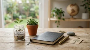 A clear glass jar filled with coins and a small growing green plant sprout sits on a light wooden surface, featuring a white label with the Portuguese text ECONOMIA