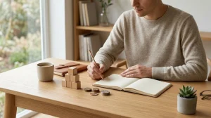 A close-up shot of a person seated at a light-colored wooden table, focused on writing in an open notebook with a pencil held in their right hand.