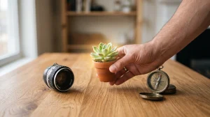 A hand picks up a softly glowing plant from a desk with a compass and lens, symbolizing a thoughtful choice among paths.