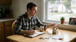 A man wearing a plaid flannel shirt sits at a wooden kitchen table reviewing his finances. In his left hand, he holds a long paper receipt while using his right handto w