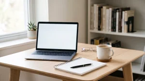 A modern, minimalist workspace on a light wood desk, featuring an open laptop with a blank white screen, a notebook with a pen, a steaming white mug of coffee, and glasses