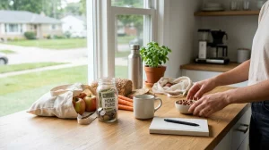 A person stands at a wooden kitchen counter preparing snacks and organizing groceries. Their hands reach toward a small ceramic bowl filled with almonds.