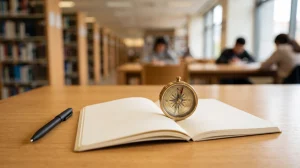 A realistic and minimalist photograph of a smooth desk. In the foreground, there is an open notebook with completely blank pages, an elegant pen, and a metallic navigation compass resting on the paper.