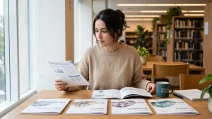 A thoughtful young woman with dark hair tied up is seated at a light wood table in a modern, sunlit library. She wears a beige sweater and is looking intently at a curriculum brochure she holds.