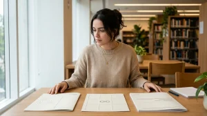 A young person is sitting at a light wood table in a brightly lit, modern environment, intently examining three documents and brochures laid out side-by-side.