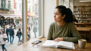 A young woman with dark curly hair pulled back into a ponytail sits at a wooden table inside a cozy cafe or library, looking thoughtfully out a large glass window.