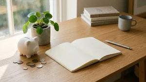 An open lined notebook lies flat at the center of a light oak wooden desk with a silver pen resting to its right. To the left of the notebook stands a small, white