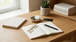 An open, lined notebook sits at the center of a light oak wooden desk with round-framed gold eyeglasses placed on the left page and a black pen on the right. To the