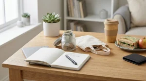 An open notebook on a wooden desk next to a coin jar, canvas tote bag, coffee cup, and sandwich.