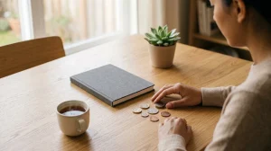 An over-the-shoulder shot of a person seated at a light wooden table, focusing on their hands as they organize a small collection of coins scattered on the surface.