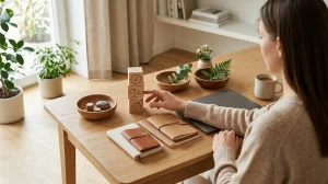 An over-the-shoulder shot of a woman in a beige sweater sitting at a wooden table, reaching her hand out toward a vertical stack of three wooden blocks engraved wit