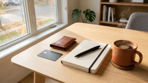 Closed notebook, pen, credit card, leather wallet, and steaming coffee mug on a wooden desk.