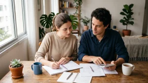 Couple at a wooden table reviewing financial papers and calculating numbers together.