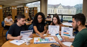 Estudantes em biblioteca universitária analisando documentos sobre a mesa.