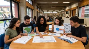 Estudantes em biblioteca universitária analisando documentos sobre a mesa. (2)