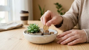 Hand placing a coin on a stack inside a ceramic dish with a small succulent plant.