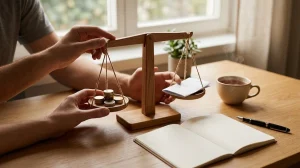 Hands adjusting a wooden scale balancing coins against a folded paper on a desk with a notebook.