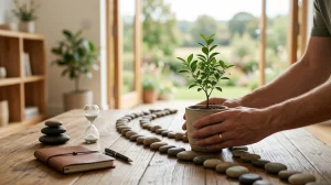 Hands holding a potted plant on a wooden table lined with stones, a journal, and an hourglass.