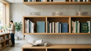 Library shelving with organized books under category signs, with an open book and cup in front.