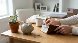 Man attaching a store receipt to a journal near a piggy bank, coffee mug, coins, and plant.