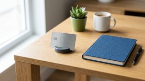 Metal shield card in a stand, blue notebook, pen, coffee mug, and plant on a desk.