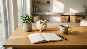 Open journal, pen, ceramic mug, piggy bank, and potted succulent on a sunny wooden table.
