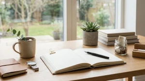 Open journal with pen on desk next to coin jar, plant, coffee mug, and watch.