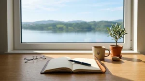 Open notebook with pen on a desk overlooking a scenic lake through a large window.