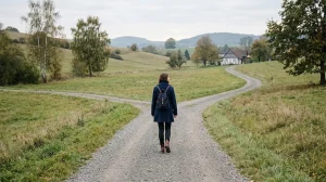 Person with a backpack walking down a gravel road toward a fork in a rural landscape.