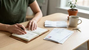 Person writes in notebook near mail envelopes, coffee mug, and keys on desk.