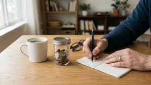 Person writing in a notebook near a coin jar, coffee mug, and glasses on a wooden table.