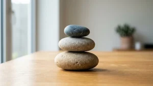 Three smooth river stones stacked vertically in a zen balance tower on a wooden table.