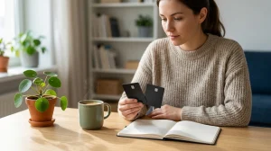 Woman at a wooden table looking at two credit cards near an open journal, mug, and plant.