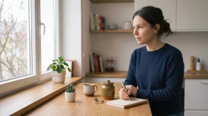Woman holding a pen at a wooden counter, looking out a window near coins and a ceramic jar.