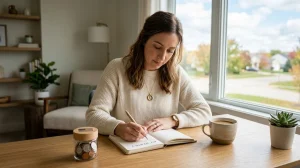 Woman in a beige sweater writing in a notebook near a coin jar, coffee mug, and window.