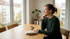 Woman in a green sweater sitting at a wooden table, resting her chin on her hand near a window.