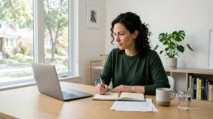 Woman in a green sweater writing in a spiral journal while sitting at a desk with a laptop.