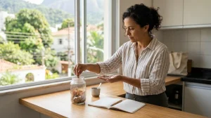 Woman in a striped shirt putting coins into a glass savings jar at a kitchen counter.