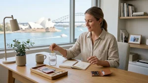 Woman putting a coin into a savings jar at a desk overlooking the Sydney Opera House and Harbour Bridge.