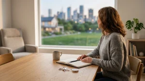 Woman sits at wooden table with notebook, looking out window at city skyline.