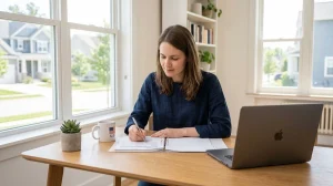 Woman sitting at a wooden desk with a laptop writing in a binder near a window overlooking houses.
