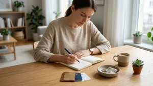 Woman writing a checklist in a notebook at a desk with cards, a coin bowl, coffee, and a plant.