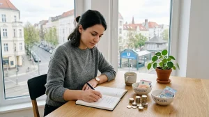 Woman writing in a notebook by a window near labeled money bowls, coin stacks, and a coffee mug.